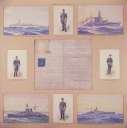 H.M.S. Cardiff, H.M.S. Hood, H.M.S. Queen Elizabeth, H.M.S. Royal Sovereign und Offiziere in Marineuniformen